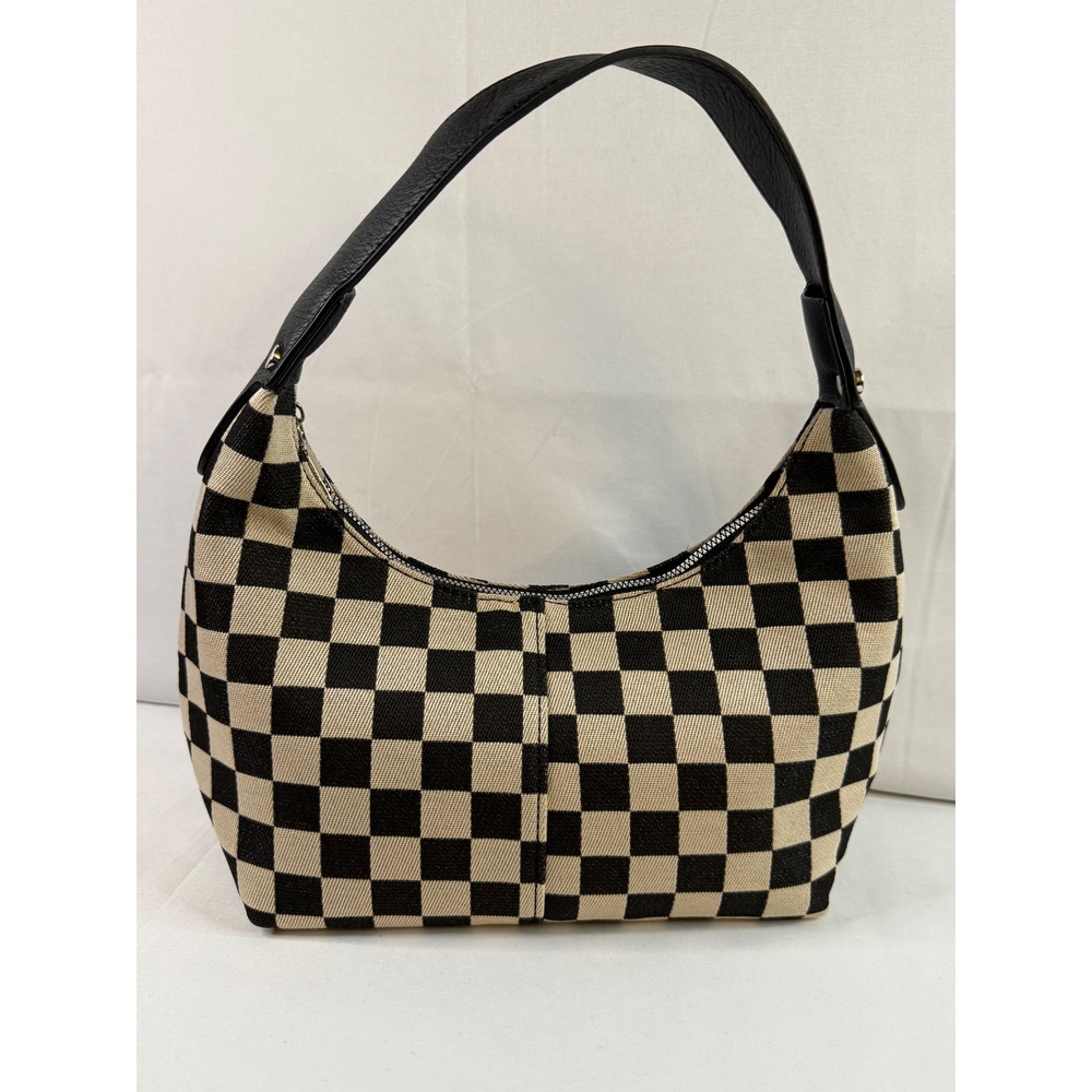 Boutique Checkerboard Canvas Hobo Bag Black Cream Checkered Shoulder Purse NWOT
